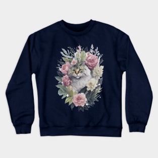 Fluffy Cat around Flowers: Scattered Watercolor in Pastel Colors Crewneck Sweatshirt